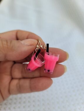 Handcrafted Mini Bubble Tea Dangle Earrings Hot Pink Boba Milk Tea Jar Straw